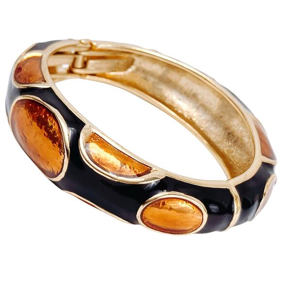 VTG 1980s Hinged Bangle Black Enamel Amber Cabochon Statement Gold Tone Bracelet - Picture 1 of 11